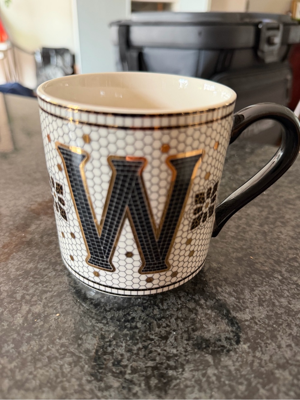 Anthropologie Bistro Tile Margot Mug “W” Ceramic Coffee Mug in Black and Gold